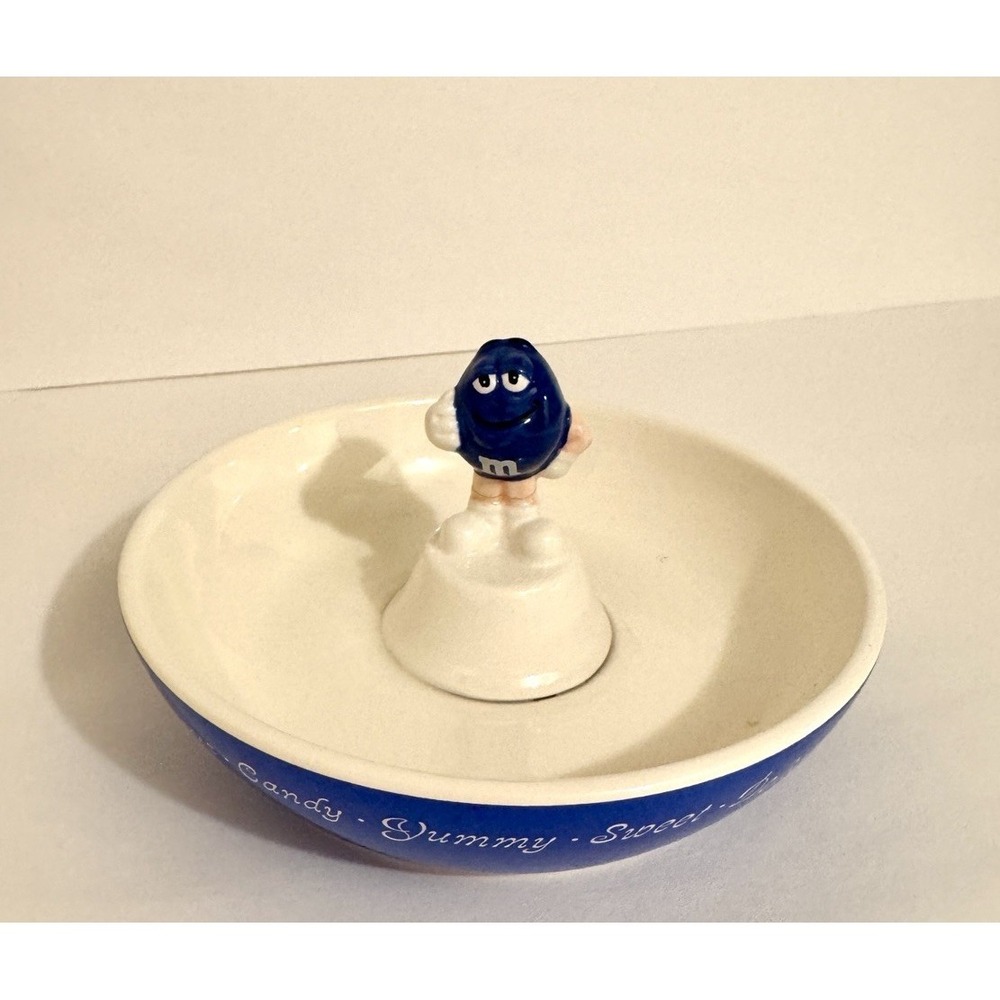 M&M Mars Ceramic Candy Dish Bowl With Blue Guy Character 2008 Collectible (EUC)